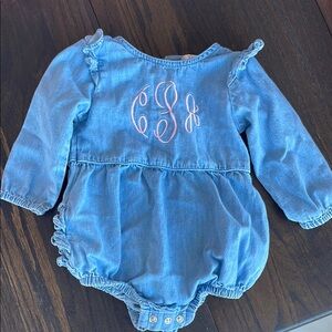 Ruffle Butts Blue Denim Baby Romper with Pink CPA Monogram